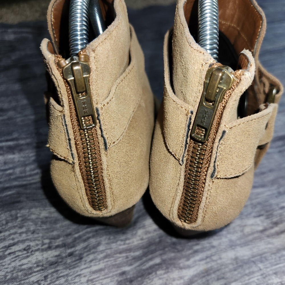 Wedge Heel Booties Open Toe Faux Suede Ankle Boots Tan Wide Width 9W Gold Accent - Picture 10 of 14